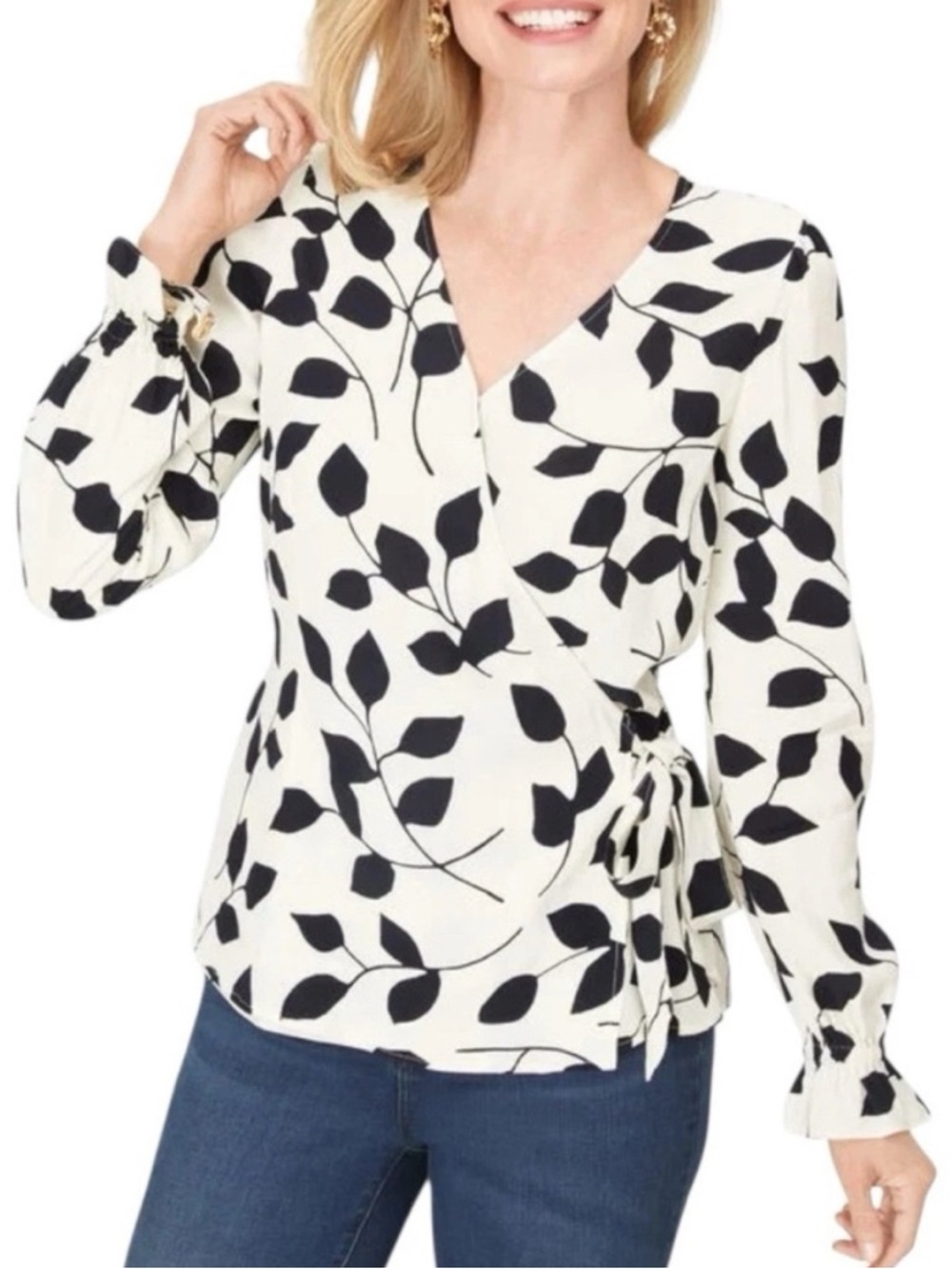 NWT Talbots Faux Wrap Crepe Blouse- Abstract Leaves, Large